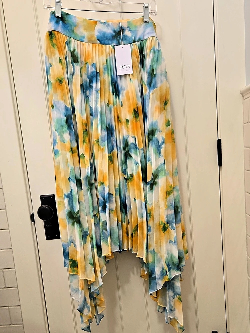 MISA Floral Assymetrical Pleated Maxi Skirt in Blue & Yellow Size NWT